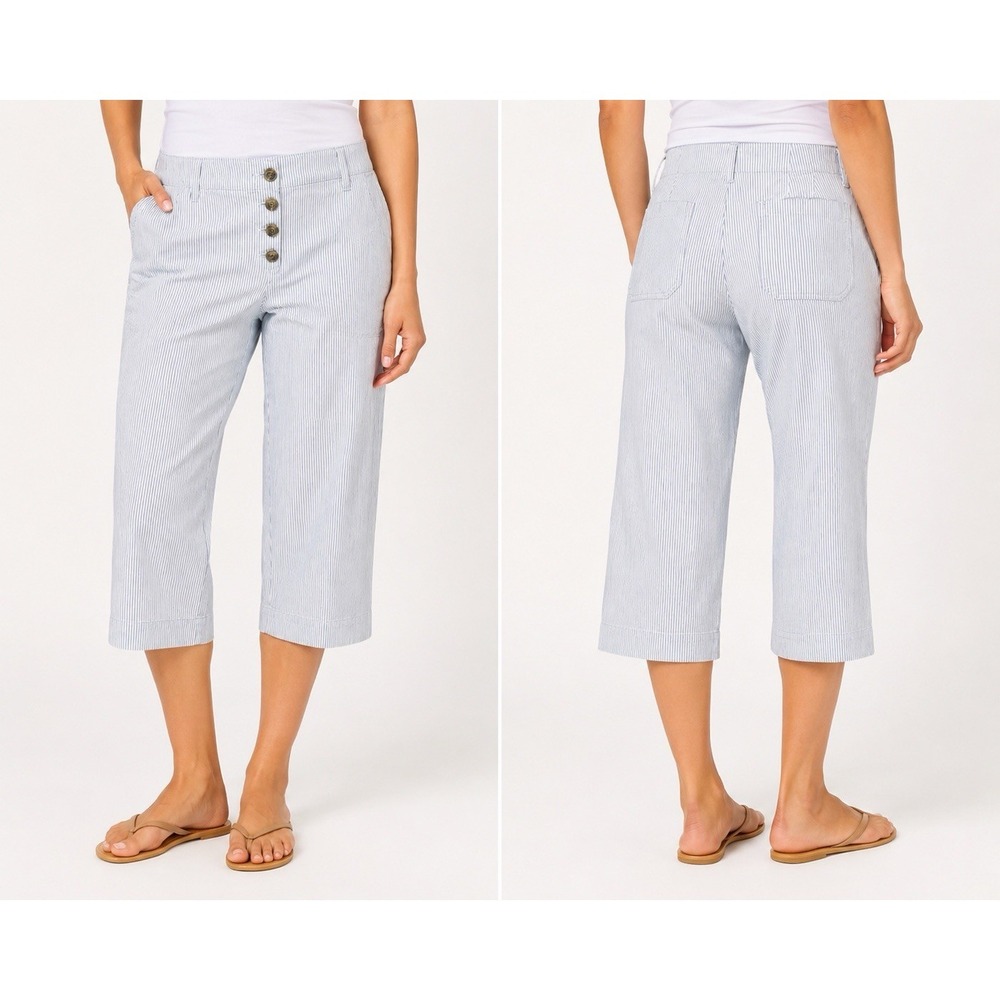 Talbots 10p White Pinstripe  Cropped Capri  Pants Cotton Stretch Button Front